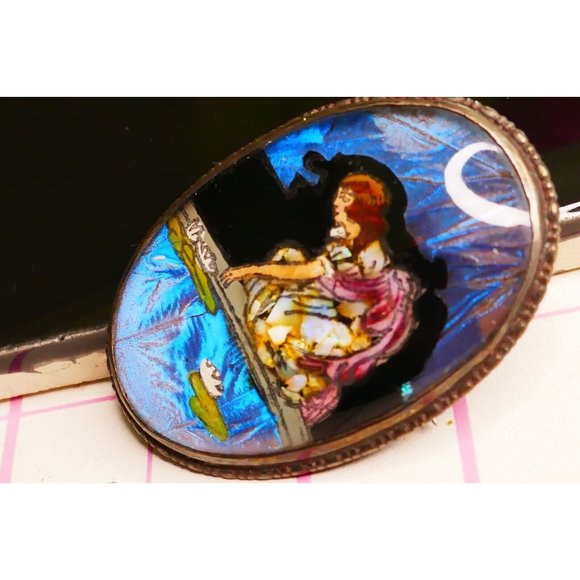 Antique English Butterfly Wing Hand Painted Brooch Sterling Frame Pat Aug 1924 - Picture 7 of 8